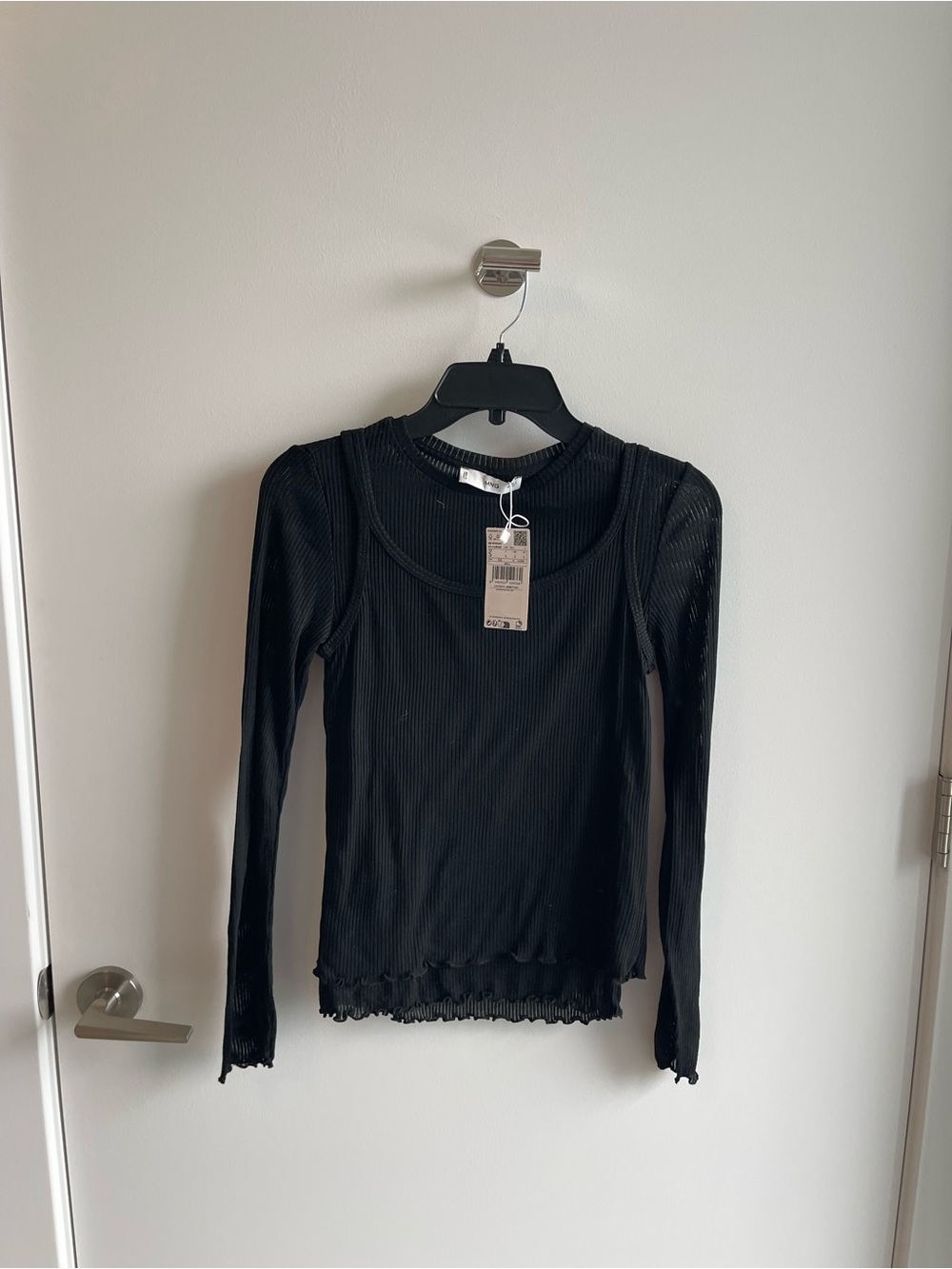 Mango Black Ribbed Long-Sleeve Top layered